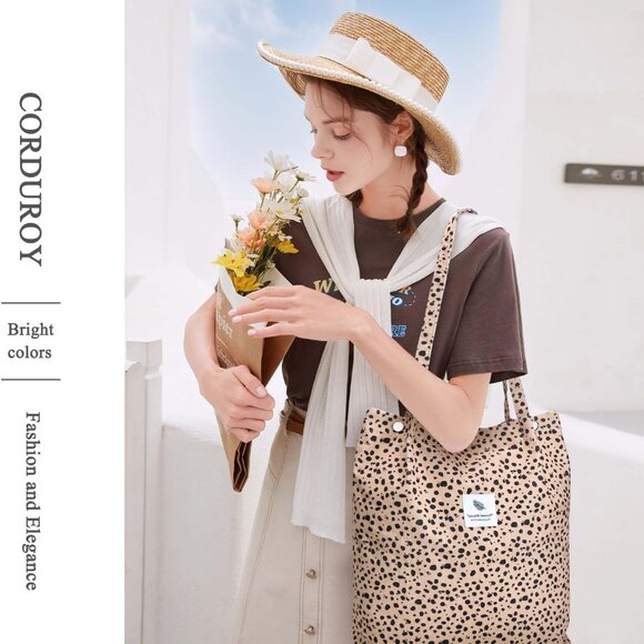 Corduroy Tote Bags for Women, Large Capacity Tote Purse Reusable Grocery Shoulde - Picture 4 of 7